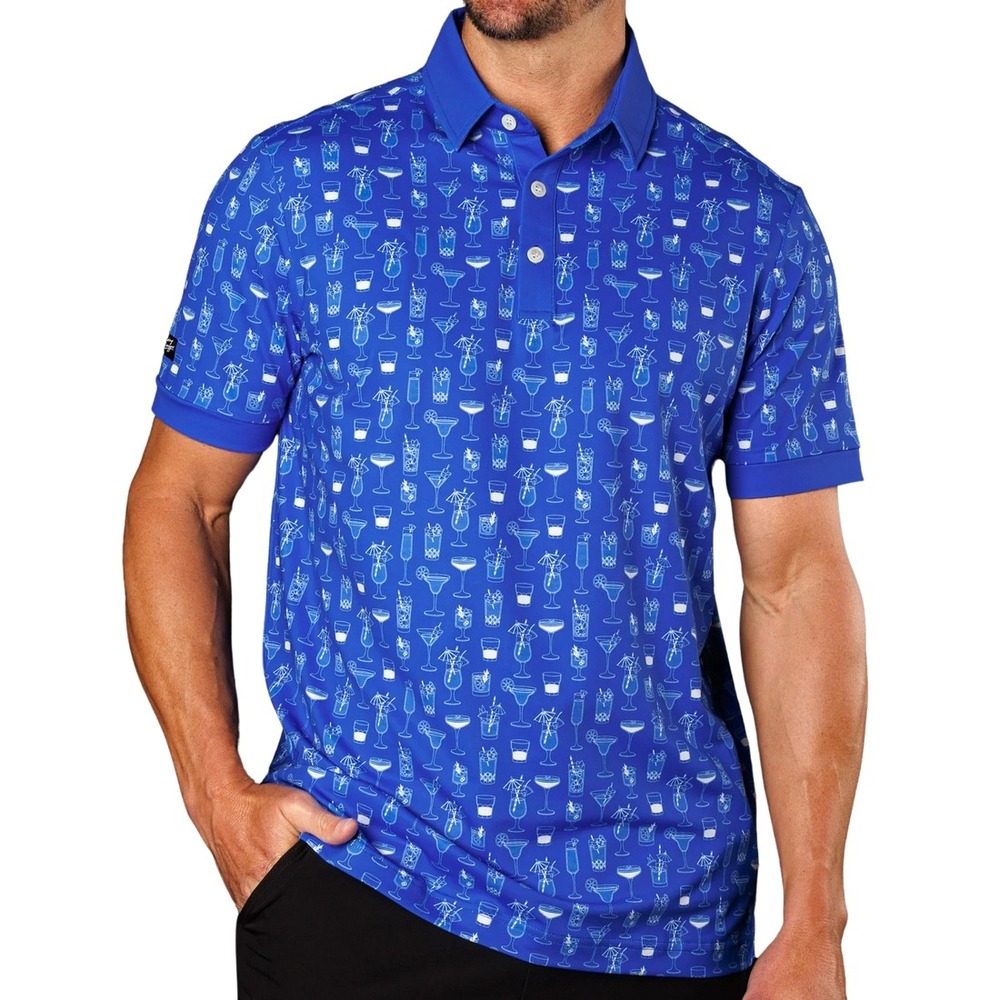 Sunday Swagger Mens Blue Cocktail Print Performance Golf Polo Shirt Size L NEW